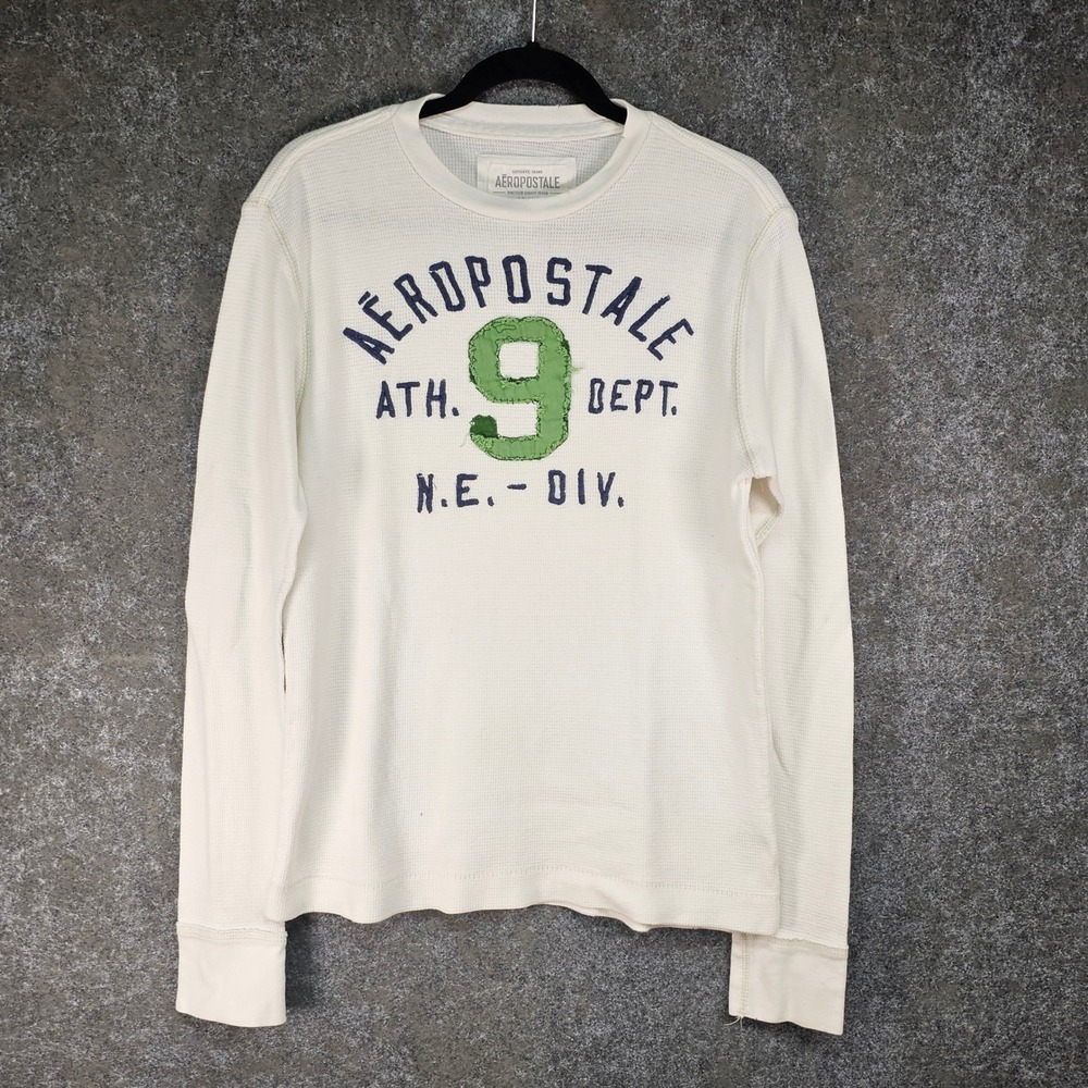 Aeropostale Mens Waffle Knit Thermal Shirt, White Long Sleeve Graphic Top Size M